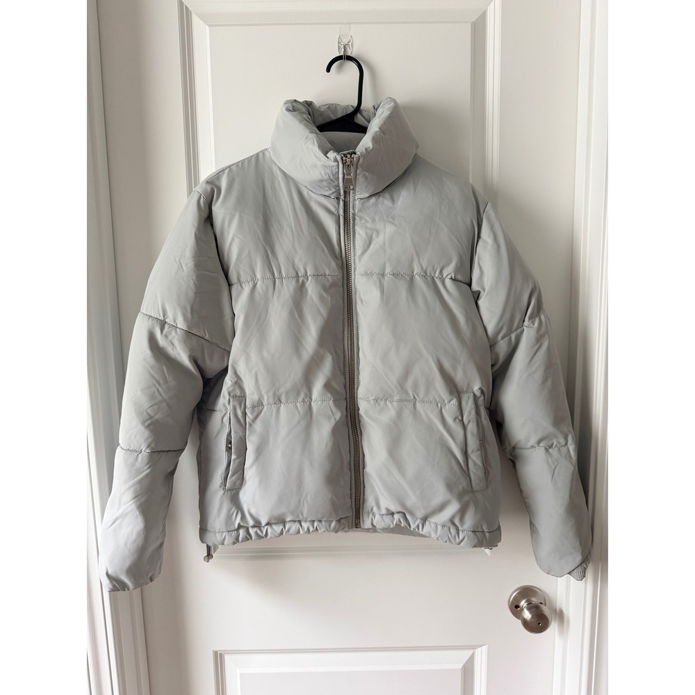 Express Womens Light Gray Quilted Puffer Jacket Funnel Neck Size Small
